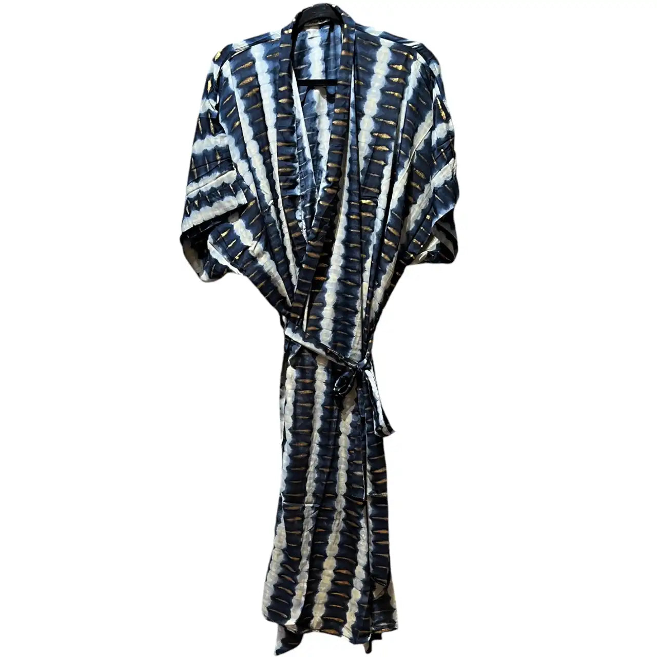 Lang Blå Silke Kimono med guld tryk 3.