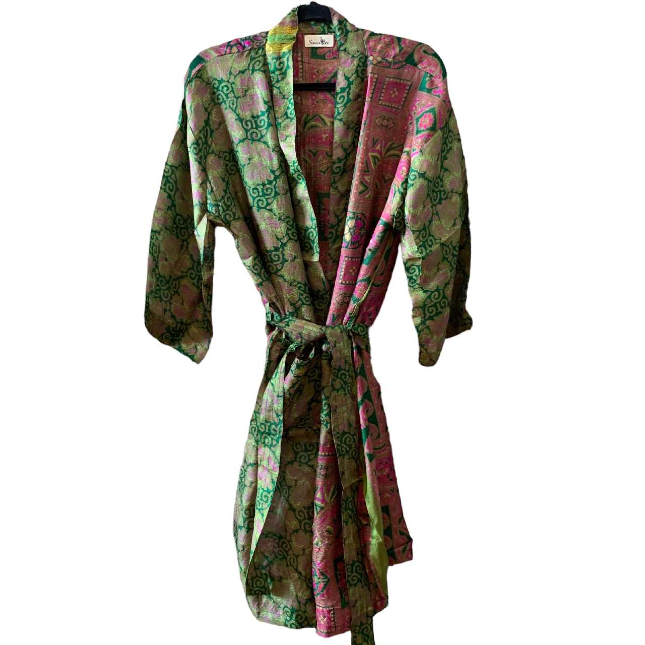 Silke kimono med lomme grøn/rødlig