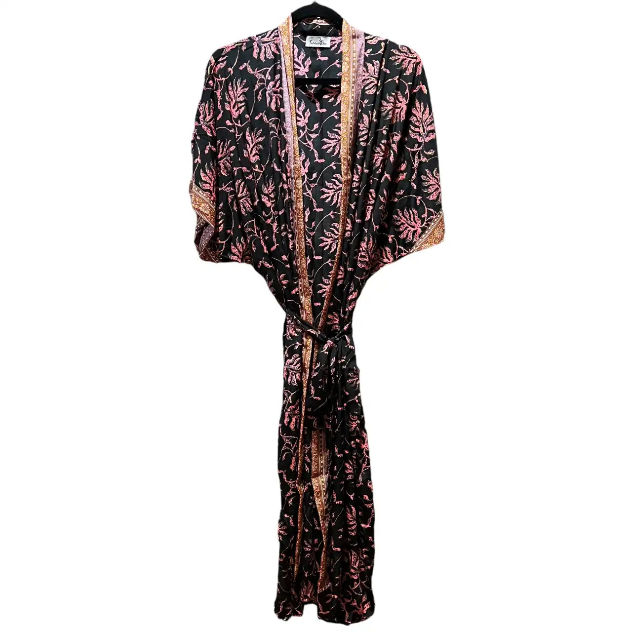 Lang Sort Blomstret Silke Kimono med guldtryk 10